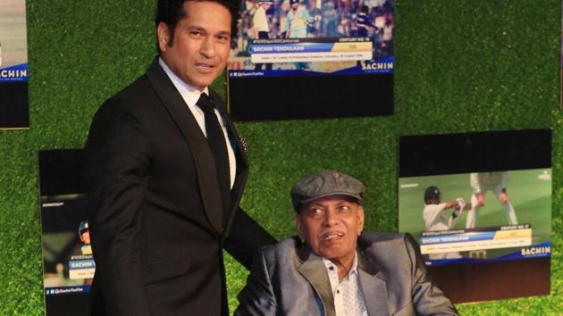 Sachin Tendulkar with Ramakant Achrekar, his first coach and the man who identified and polished his talent, at the premiere of ‘Sachin:A Billion Dreams’ at PVR Icon in Andheri, Mumbai, on Wednesday. (prodip guha)