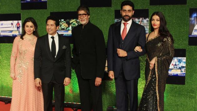 Sachin Tendulkar and wife Anjali with Amitabh Bachchan, Abhishek Bachchan and Aishwarya Rai Bachchan at the premiere of ‘Sachin:A Billion Dreams’ at PVR Icon in Andheri, Mumbai, on Wednesday.may 2017. photo by Prodip Guha (Prodip Guha)