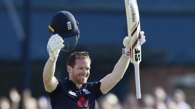Eoin Morgan, England cricket team skipper, celebrates after scoring a century against South Africa national cricket team in their series-opening ODI at Headingley on Wednesday. (Retuers)