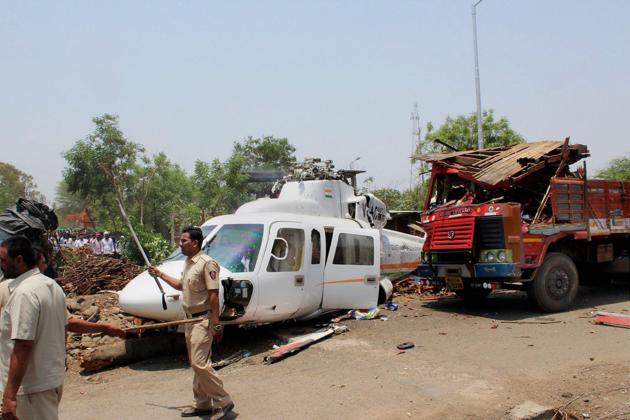 The wreckage of the Sikorsky VT-CMM helicopter, carrying chief minister Devendra Fadnavis and his team, that crashed-landed at Nilanga in May. (PTI) The wreckage of the Sikorsky VT-CMM helicopter, carrying chief minister Devendra Fadnavis and his team, that crashed-landed at Nilanga in May. (PTI)