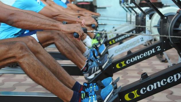After practising for six to eight hours in water, the players spend two to four hours on weight training in the gym to build endurance. (Mujeeb Faruqui/HT Photo)