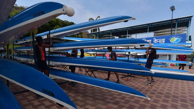 Race boats carefully parked with proper spacers by the team athletes. (Mujeeb Faruqui/HT Photo)