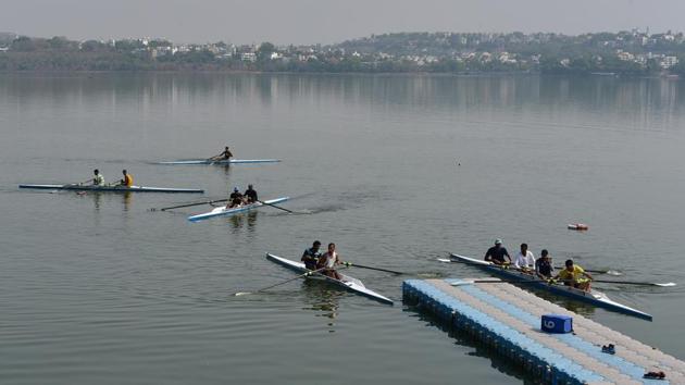 Twenty-four rowers from different part of the country are practising rigorously at a Rowing Federation of India national camp underway at the Upper Lake in Bhopal for Senior Asian Championship scheduled to be held in September at Pattaya. They spend about ten hours a day practising and hoping to fulfil the ultimate dream of clinching a medal in Olympics in the future. Water sports federations for kayaking, canoeing and rowing consider the Upper Lake weather condition as the best in India as the surrounding hills around the lake contribute to stable wind conditions and an ideal usage distance of almost five kilometres. (Mujeeb Faruqui/HT Photo)