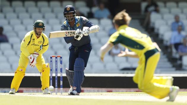 Sri Lanka's Angelo Mathews hits a ball past Australia's Adam Zampa. (REUTERS) 