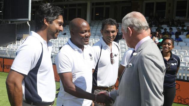 Britain's Prince Charles, Prince of Wales in conversation with Brian Lara, Kumar Sangakkara and Azhar Mahmood during the launch of the ICC Champions Trophy 2017 at the The Oval in London on May 25, 2017. (AFP)
