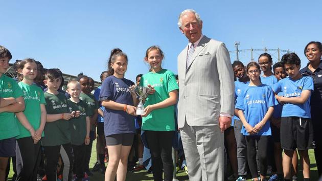 Britain's Prince Charles, Prince of Wales meets the winners of a youth cricket competition during the launch of the ICC Champions Trophy 2017 at the The Oval. (AFP)