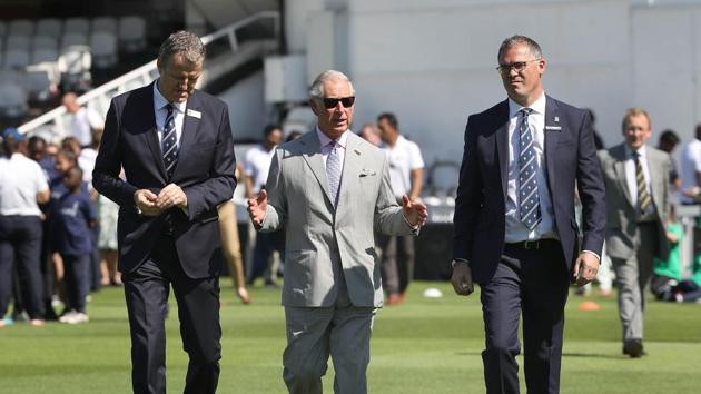 Prince Charles walks with Surrey County Cricket Club chairman, Richard Thompson (L) and Surrey County Cricket Club CEO, Richard Gould (R) during the launch of the ICC Champions Trophy 2017 (AFP)