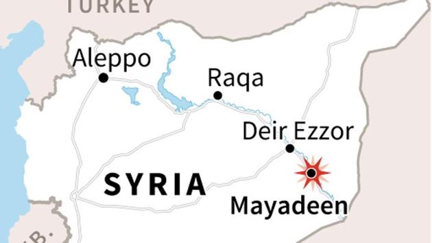Map locating Mayadine, where an air raid directed by US killed dozens of people among the families of Islamic State group fighters. (AFP Photo) Map locating Mayadine, where an air raid directed by US killed dozens of people among the families of Islamic State group fighters. (AFP Photo)