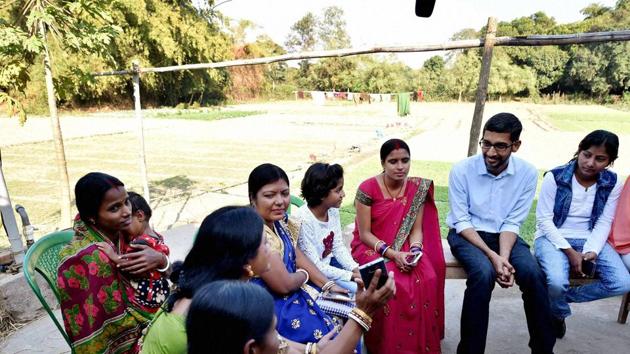 Google CEO Sundar Pichai during an interaction with the women during his visit to India. (PTI Photo) Google CEO Sundar Pichai during an interaction with the women during his visit to India. (PTI Photo)