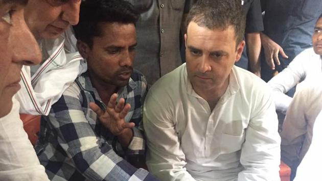 Congress vice-president Rahul Gandhi meets Dalit families on Saturday. (Photo: Congress Twitter) Congress vice-president Rahul Gandhi meets Dalit families on Saturday. (Photo: Congress Twitter)