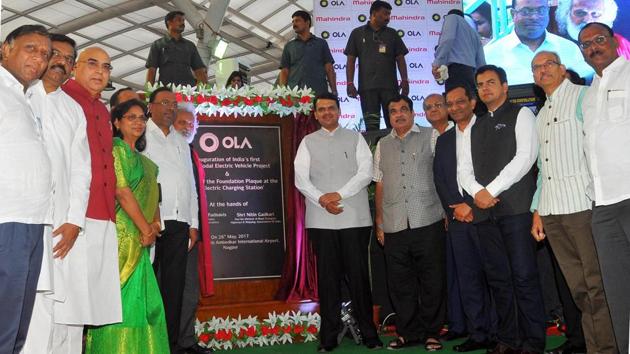 Maharashtra chief minister Devendra Fadnavis with Union minister Nitin Gadkari and others inaugurate the India's first Ola Multi Modal Electric Vehicle Project in Nagpur on Friday. (Sunny Shende / HT photo) Maharashtra chief minister Devendra Fadnavis with Union minister Nitin Gadkari and others inaugurate the India's first Ola Multi Modal Electric Vehicle Project in Nagpur on Friday. (Sunny Shende / HT photo)