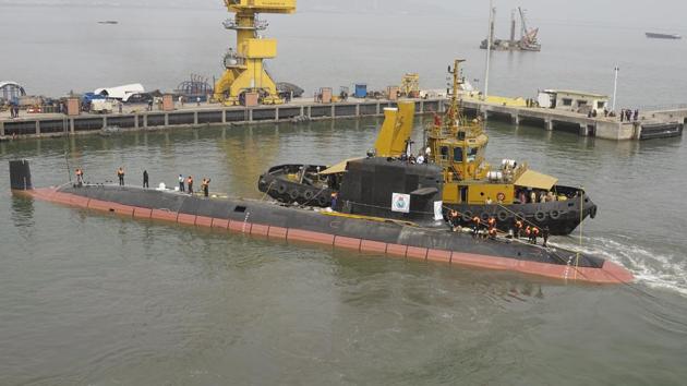 Kalvari, India’s first Scorpene-class submarine, has successfully test-fired a torpedo.(HT Photo)
