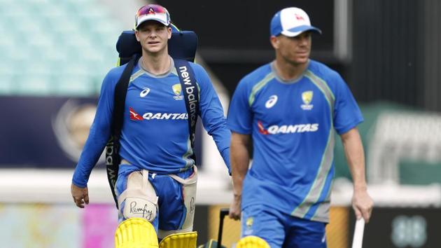 Australia's David Warner (R) and Steve Smith during net practice ahead of ICC Champions Trophy.(REUTERS)