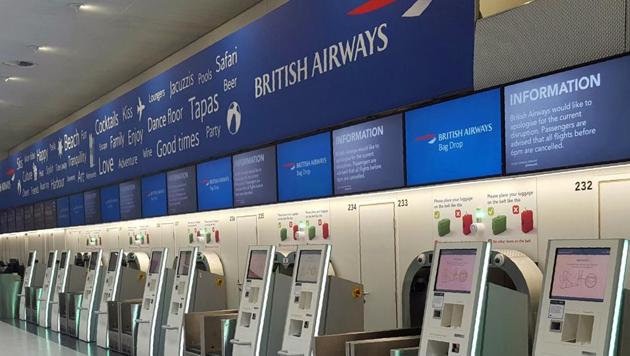 A view of the empty British Airways check-in desk after an IT systems failure at London’s Gatwick Airport on Saturday, May 27. British Airways cancelled all flights from London's Heathrow and Gatwick airports.(AP)