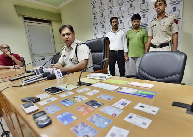The was arrested for cheating multiple job seekers including a resident of Badshahpur. (Sanjeev Verma/HT PHOTO) The was arrested for cheating multiple job seekers including a resident of Badshahpur. (Sanjeev Verma/HT PHOTO)