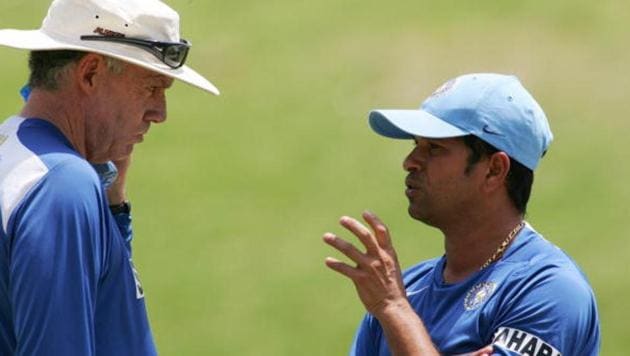 Sachin Tendulkar (R) has been critical of Greg Chappell’s tactics before and during India’s ill-fated 2007 ICC World Cup campaign.(AFP/Getty Images)