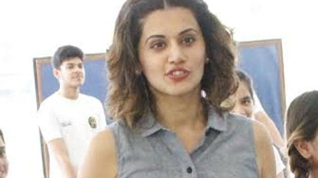 Taapsee Pannu interacts with students at Mata Jai Kaur Public School in Delhi.