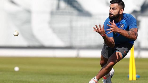 Indian cricket team skipper Virat Kohli performs fielding drills during a training session at the Lord’s on Saturday, a day before their ICC Champions Trophy 2017 warm-up match against New Zealand cricket team. (AFP) Indian cricket team skipper Virat Kohli performs fielding drills during a training session at the Lord’s on Saturday, a day before their ICC Champions Trophy 2017 warm-up match against New Zealand cricket team. (AFP)