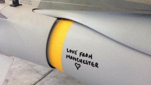 A photograph shows the message “love from Manchester” on a Paveway IV bomb loaded on a British jet carrying out air strikes from Royal Air Force Akrotiri in Cyprus. (Twitter) A photograph shows the message “love from Manchester” on a Paveway IV bomb loaded on a British jet carrying out air strikes from Royal Air Force Akrotiri in Cyprus. (Twitter)