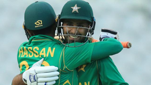 Pakistan batsmen Faheem Ashraf (R) and Hassan Alian celebrate victory over Bangaldesh after the ICC Champions Trophy Warm-up match. (AFP) Pakistan batsmen Faheem Ashraf (R) and Hassan Alian celebrate victory over Bangaldesh after the ICC Champions Trophy Warm-up match. (AFP)
