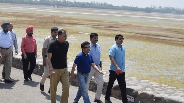 Home secretary Anurag Aggarwal (centre) and other officials inspecting Sukhna Lake. (Karun Sharma/HT Photo) Home secretary Anurag Aggarwal (centre) and other officials inspecting Sukhna Lake. (Karun Sharma/HT Photo)