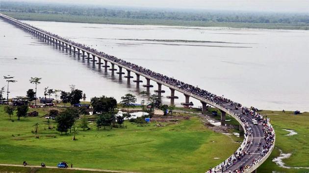 An aerial view of the newly inaugurated Dhola-Sadia bridge across River Brahmaputra in Assam. (PTI File) An aerial view of the newly inaugurated Dhola-Sadia bridge across River Brahmaputra in Assam. (PTI File)
