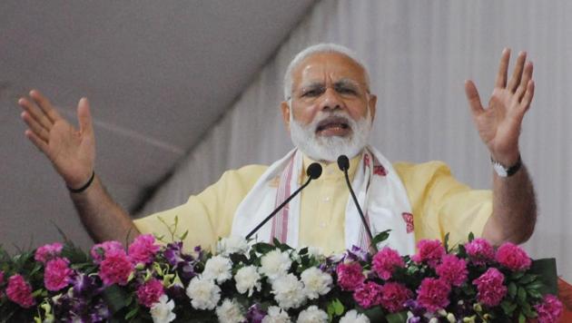 Prime Minister Narendra Modi addresses a public meeting to mark the third anniversary of NDA government on May 26.(HT File Photo)