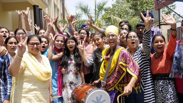 Students of Guru Nanak Foundation School in Patiala in celebration mood after CBSE Class 12 results were declared on Sunday. (Bharat Bhushan /HT)