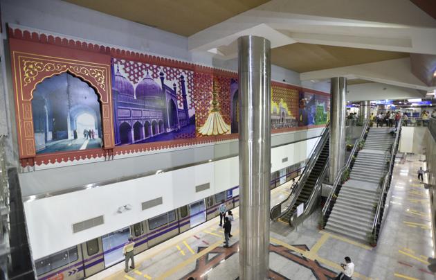 The theme of the Jama Masjid station, which will open for public use on May 28, is historical and the look has been accentuated with metal work and stone cladding. (Mohd Zakir/HT PHOTO)