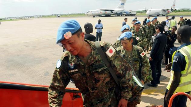 A Japanese soldier part of the last group of Japanese soldiers from the United Nations Mission in South Sudan.(REUTERS)