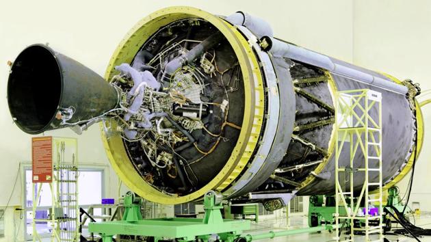 Seen above, the GSLV Mark III rocket at the cyrogenic stage inside a preparation facility. A Cryogenic rocket stage is more efficient and provides more thrust for every kilogram of propellant. (courtesy-ISRO)