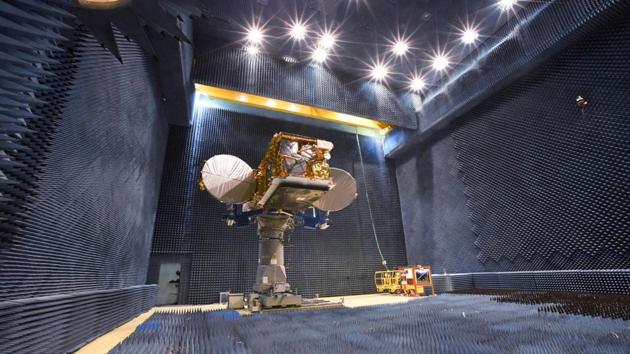 The GSLV MARK III rocket undergoing tests inside a compact facility. ISRO set a world record in February for successfully placing 104 satellites in orbit. (courtesy-ISRO)