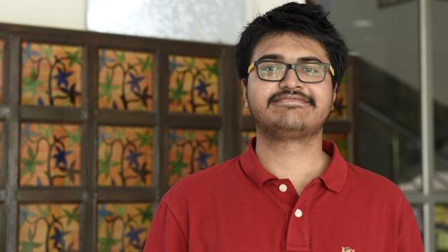 Shagun Goyal emerged to be the city topper, scoring 98.8 per cent marks. A student of the Delhi Public School in RK Puram, he topped the science stream in the national Capital. (Saumya Khandelwal/HT PHOTO)