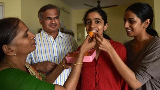 In Mumbai, Rhytha Kasiraj, from DAV Public School, Nerul was the highest scorer, securing 98.8% in the science stream. A medical aspirant, she bagged 100 out of 100 marks in mathematics and physics, papers that are usually considered tough to crack. (Bachchan Kumar / HT Photo)