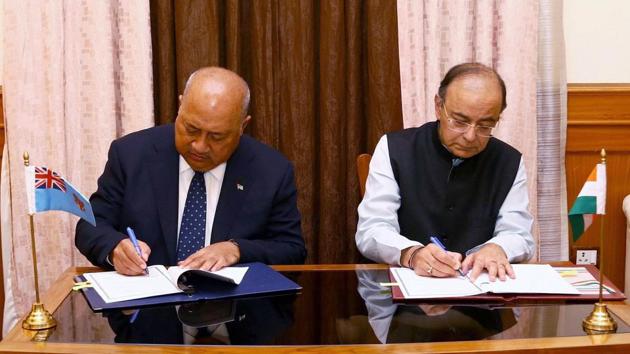 Defence minister Arun Jaitley and minister of defence and national security, Republic of Fiji, Ratu Inoke Kubuabola sign an MoU, in New Delhi on Monday. (PTI Photo) Defence minister Arun Jaitley and minister of defence and national security, Republic of Fiji, Ratu Inoke Kubuabola sign an MoU, in New Delhi on Monday. (PTI Photo)