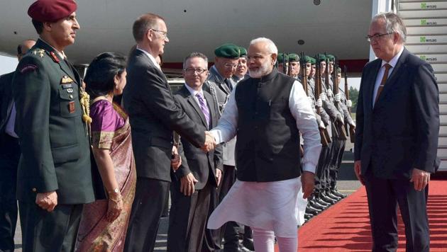 Prime Minister Narendra Modi being received on his arrival, in Berlin, Germany on Tuesday. (PTI) Prime Minister Narendra Modi being received on his arrival, in Berlin, Germany on Tuesday. (PTI)
