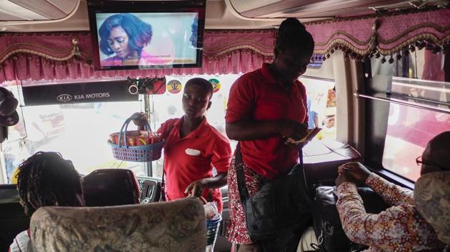 A Kumasi movie industry Kumawood popular in Ghana is shown on a coach as people travel from Mampong across Ghana. (Cristina Aldehuela/AFP) A Kumasi movie industry Kumawood popular in Ghana is shown on a coach as people travel from Mampong across Ghana. (Cristina Aldehuela/AFP)