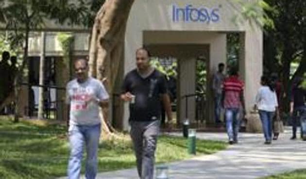 Infosys employees walk inside the company headquarters in Bangalore. (AP) Infosys employees walk inside the company headquarters in Bangalore. (AP)
