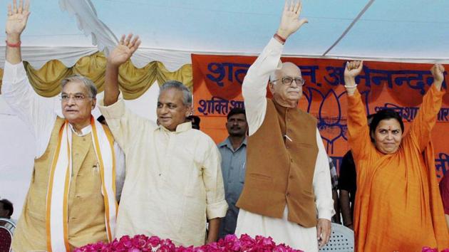 BJP leaders LK Advani, Murli Manohar Joshi, Kalyan Singh and Uma Bharti at a public meeting after appearing in a special court in connection with the demolition of Babri masjid.(PTI File Photo)