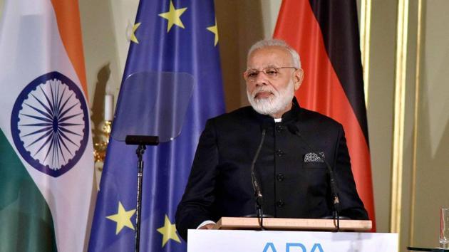 Prime Minister Narendra Modi addresses the Indo-German Business Summit in Berlin on Tuesday.(PTI/ PIB Photo) Prime Minister Narendra Modi addresses the Indo-German Business Summit in Berlin on Tuesday.(PTI/ PIB Photo)