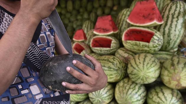 Watermelons are rich in Vitamin A, B6 and C. Vitamin A helps in growth of elastin and collagen cells in our body, It also helps to keep our skin and hair moisturised in summer.   (Raj K Raj/HT PHOTO) 