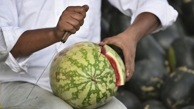 The watermelon gets its red colour from a natural pigment called lycopene which consists of antioxidants known to prevent cancer and keep our body vitals balanced.  (Raj K Raj/HT PHOTO) 