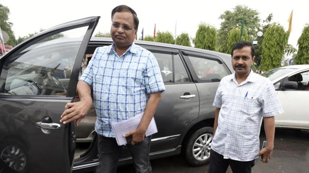 Delhi health and power minister Satyendar Jain (left) with Delhi Chief Minister Arvind Kejriwal in Delhi Assembly on Wednesday. The I-T department had attached assets of Jain in a case against him. (Sonu Mehta/HT Photo) Delhi health and power minister Satyendar Jain (left) with Delhi Chief Minister Arvind Kejriwal in Delhi Assembly on Wednesday. The I-T department had attached assets of Jain in a case against him. (Sonu Mehta/HT Photo)