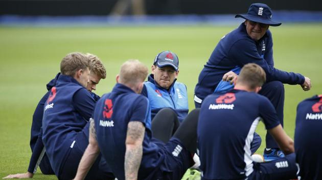 Eoin Morgan, the England captain, addresses the team circle before practice. (REUTERS)