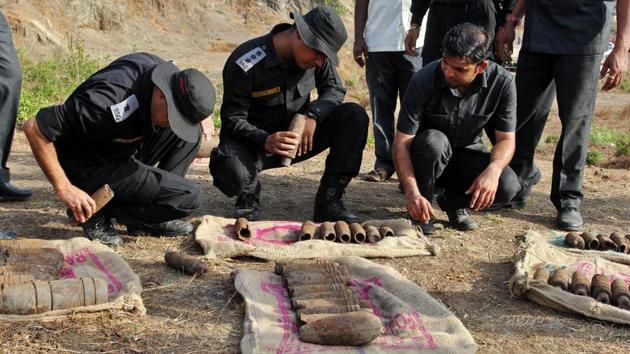 The Thane crime branch, , along with NSG commando, Thane bomb squad, fire brigade, local police station staff and an emergency ambulance carried out the detonation at a mine. (Praful Gangurde / HT)