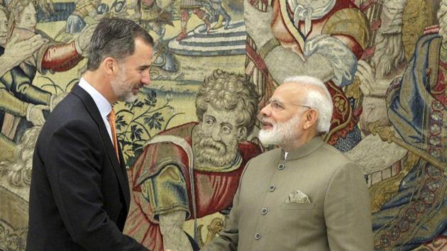 Prime Minister Narendra Modi (R) shakes hands with Spain's King Felipe VI at the Zarzuela Palace in Madrid, Spain on Wednesday. (AP Photo) Prime Minister Narendra Modi (R) shakes hands with Spain's King Felipe VI at the Zarzuela Palace in Madrid, Spain on Wednesday. (AP Photo)