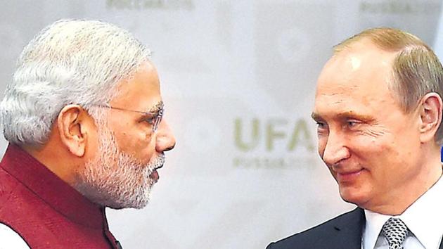 Prime Minister Narendra Modi with Russian President Vladimir Putin in Ufa, Russia. (File Photo)(PTI)