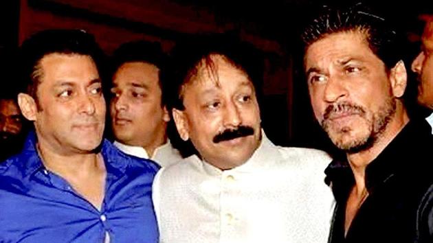 Baba Siddique (centre) with Bollywood actors Shah Rukh Khan (right) and Salman Khan (left).(IANS File Photo)