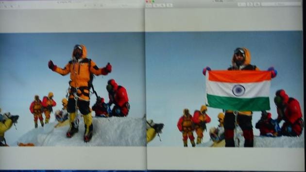 Satyarup Siddhanta’s image on the summit of Mount Everest (left), and the doctored photograph of the same image used to make a fake claim of a summit.(AFP Photo) Satyarup Siddhanta’s image on the summit of Mount Everest (left), and the doctored photograph of the same image used to make a fake claim of a summit.(AFP Photo)