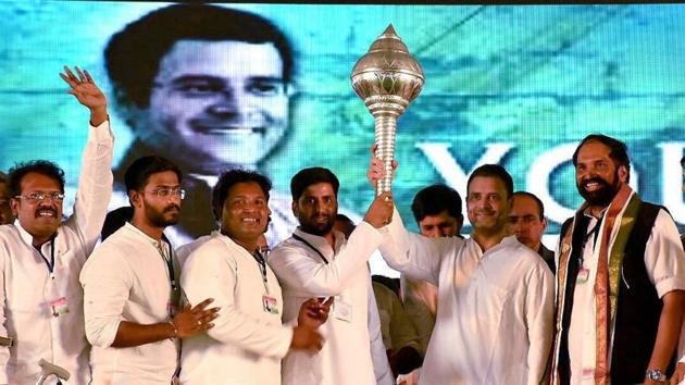 Congress vice president Rahul Gandhi being presented an mace during 'Telangana Praja Garjana' at Sangareddi town on Thursday. He said he would release a chargesheet against the "failures" of the TRS government. (PTI Photo) Congress vice president Rahul Gandhi being presented an mace during 'Telangana Praja Garjana' at Sangareddi town on Thursday. He said he would release a chargesheet against the "failures" of the TRS government. (PTI Photo)